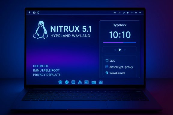 A neon-blue Linux laptop desktop showcasing NITRUX 5.1 with Hyprland Wayland and security tools.