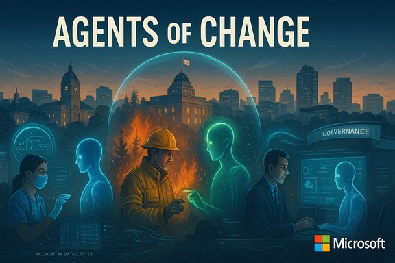 Agents of Change: humans and glowing AI avatars collaborate in a high-tech data center.