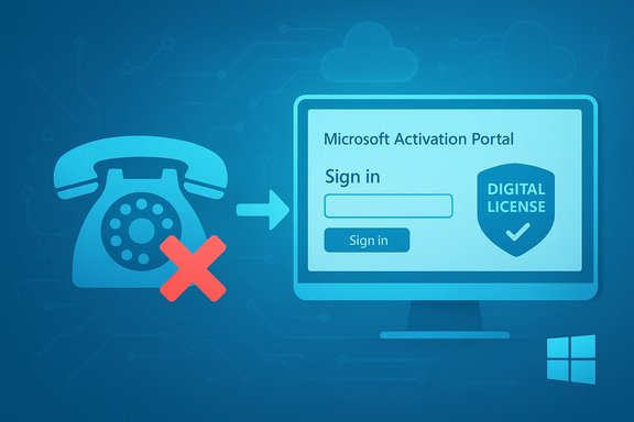 Blue illustration of Microsoft Activation Portal sign-in beside a blocked telephone, signaling online activation.