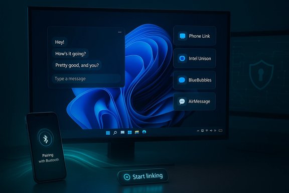 Smartphone pairs with a PC via Bluetooth, displaying a chat UI and a glowing Start linking button. Smartphone pairs with a PC via Bluetooth, displaying a chat UI and a glowing Start linking button.