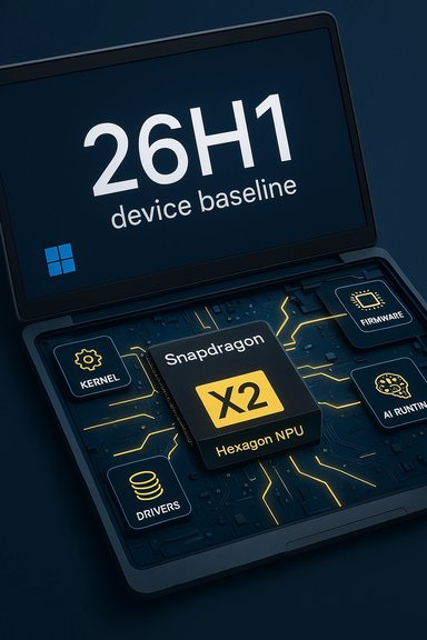 A tech device shows 26H1 device baseline with Snapdragon X2 Hexagon NPU and kernel/firmware icons.