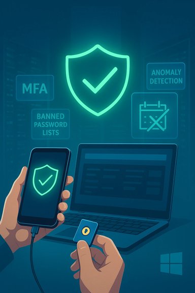 A digital security scene with a glowing shield and checkmark, featuring MFA and device authentication.