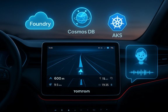 Futuristic car cockpit showing holographic Foundry, Cosmos DB, AKS icons and a TomTom navigation screen.