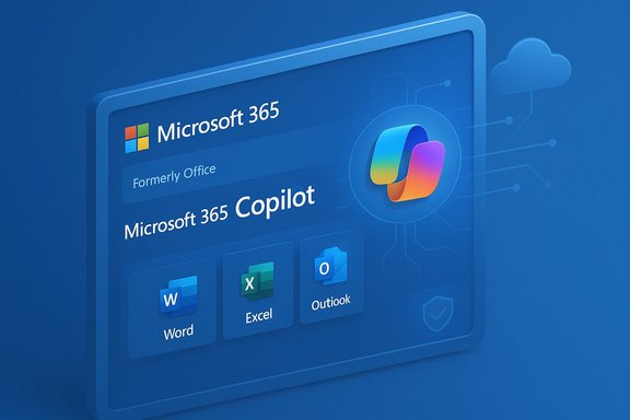 Microsoft 365 Copilot dashboard on a blue background with Word, Excel, and Outlook icons.