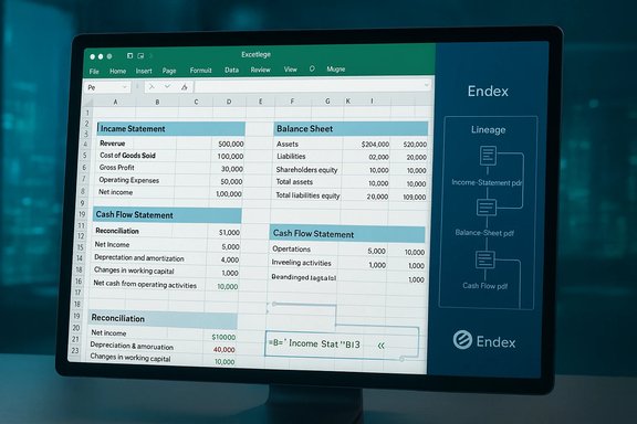 Monitor showing a financial spreadsheet with Income Statement, Balance Sheet, and Cash Flow Statement.