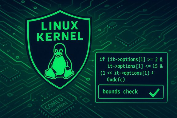 Linux kernel shield with Tux penguin on a neon circuit-board backdrop and a code snippet.