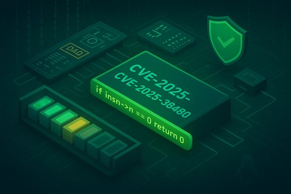 Futuristic cybersecurity scene featuring a CVE patch on a circuit-board backdrop with a shield icon.