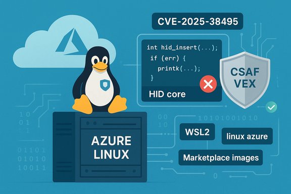 Tux the Linux penguin on an Azure server, amid CVE-2025-38495 and security shields.