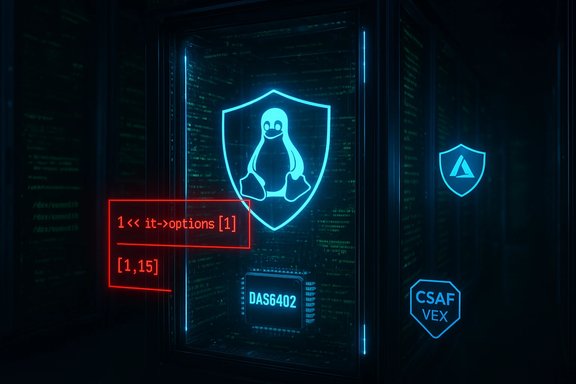 Neon-lit data center with a glowing Linux penguin shield and a red code panel among server racks.