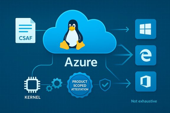 Azure cloud with Linux penguin, kernel, CSAF doc, and Windows/Edge/Office icons.