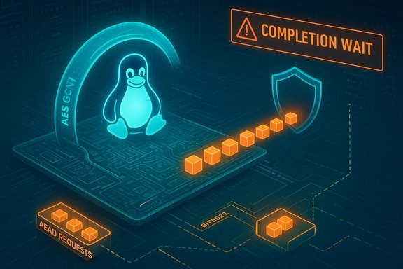 Neon cyber scene of a Linux penguin on a laptop, AES-GCM arc, approaching a shield under 'Completion Wait'.