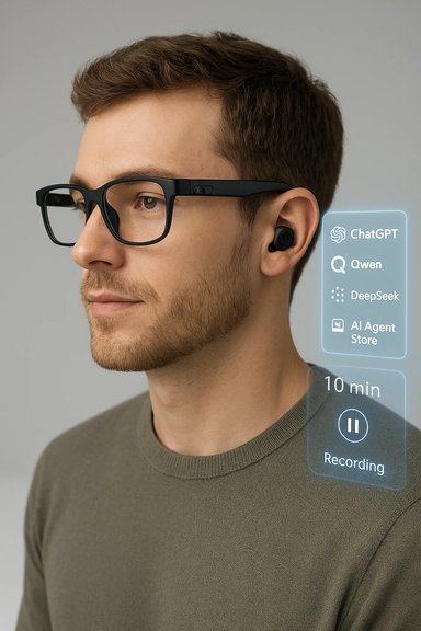 Man wearing AR glasses with a floating holographic AI panel beside him.