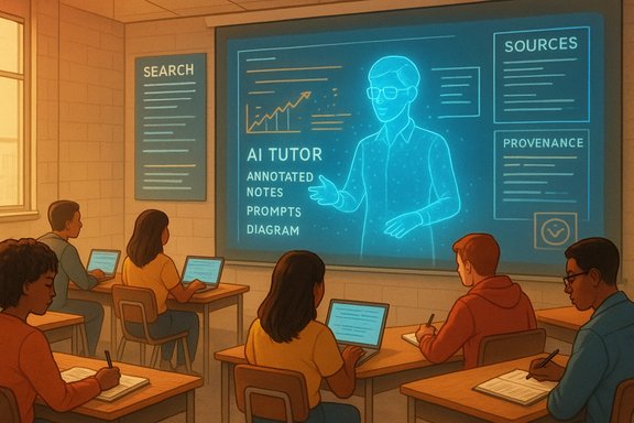 Students in a classroom work on laptops as a holographic AI tutor explains notes on a large screen.