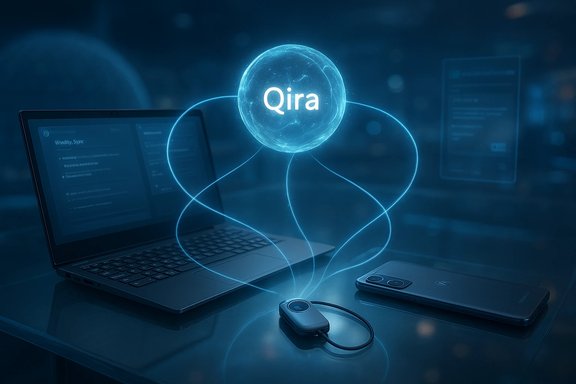 A glowing blue holographic orb labeled 'Qira' floats above a laptop, connected to a dongle and smartphone.