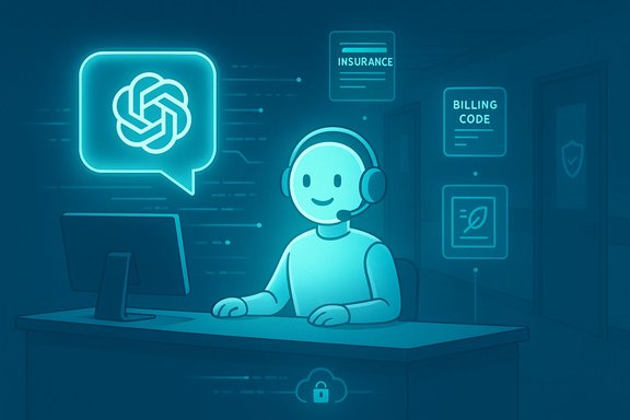 Cartoon AI assistant at a help desk, with glowing insurance and billing icons.