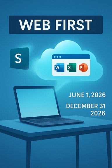 Web First: cloud-based Office apps (Word, Excel, PowerPoint) on a laptop. Web First: cloud-based Office apps (Word, Excel, PowerPoint) on a laptop.