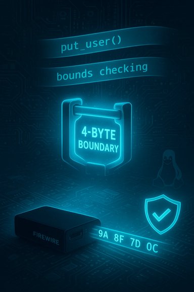 Neon cybersecurity illustration depicting a 4-byte boundary and put_user bounds checking.