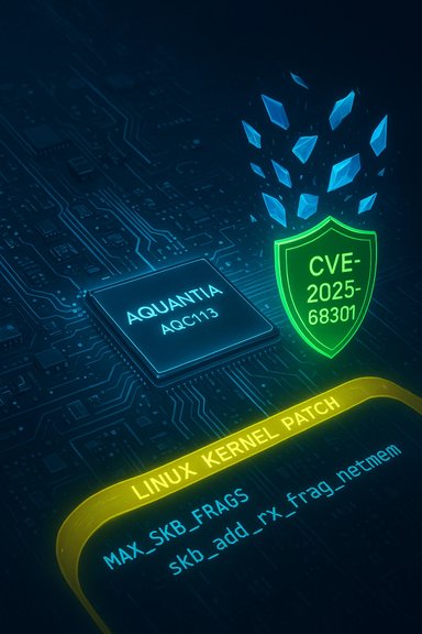 Chip on a circuit board, glowing shield marked CVE-2025-68301, beside a Linux kernel patch label.