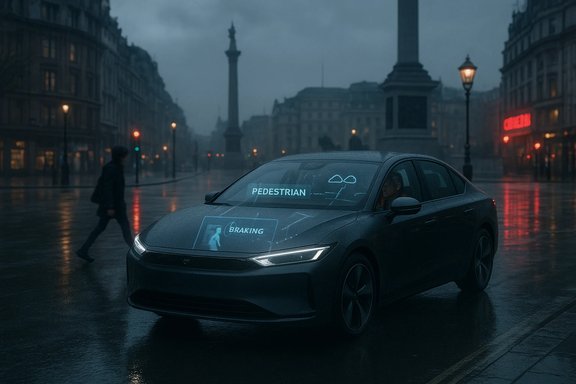 Autonomous car with AR HUD warnings for pedestrians on a rainy city street.