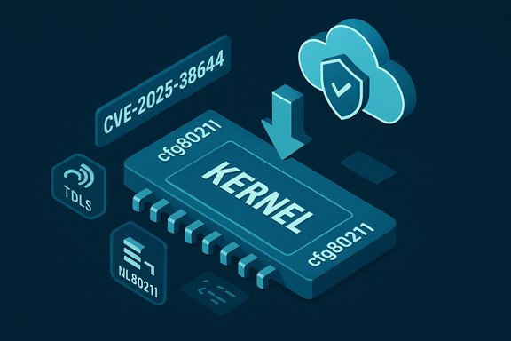 Isometric kernel chip highlighting CVE-2025-38644 with cloud security shield.