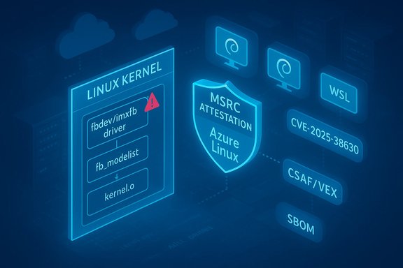 Neon blue infographic of Linux kernel components and Azure Linux attestation with security labels.