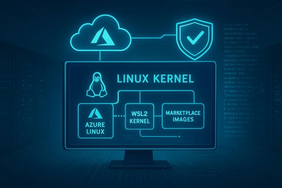 Neon blue diagram of Linux kernel architecture with Azure Linux, WSL2 kernel, and marketplace images.