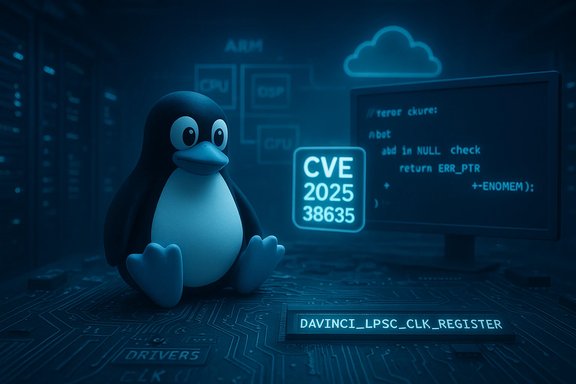 Tux the penguin sits in a server room beside a glowing CVE 2025 38635 code screen.