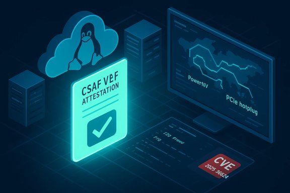 This cybersecurity diagram shows CSAF VEF Attestation, cloud, servers, and a CVE tag.