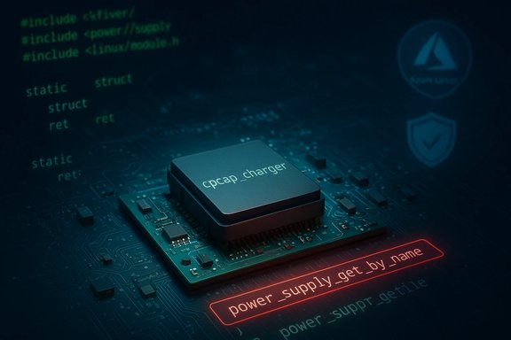 Close-up of a PCB with a chip labeled 'charger' glowing under neon blue code background.