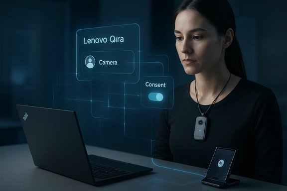 A woman at a laptop with holographic Lenovo Qira UI showing Camera and Consent panels.