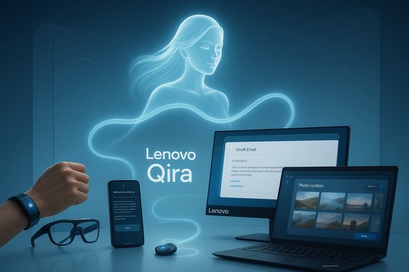 A futuristic Lenovo desk with a glowing holographic woman, Lenovo Qira branding, and multiple screens.