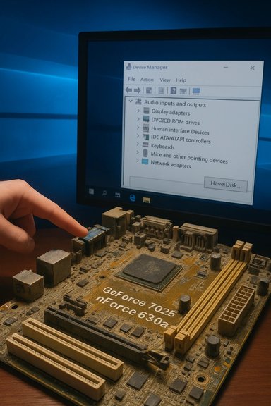 Dusty GeForce 7025 / nForce 630a motherboard; finger points to PCI slots as Device Manager appears on screen.