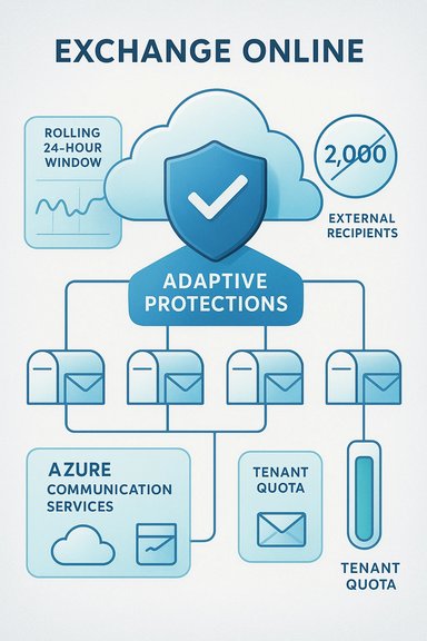 Exchange Online infographic showing adaptive protections, tenants, quotas, and cloud services.