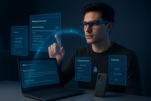 A man wearing smart glasses interacts with holographic, floating screens for calendar, email, and meetings.