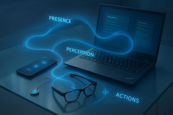 A neon-blue workspace shows presence, perception, and actions guiding a laptop, phone, glasses, and pendant. A neon-blue workspace shows presence, perception, and actions guiding a laptop, phone, glasses, and pendant.