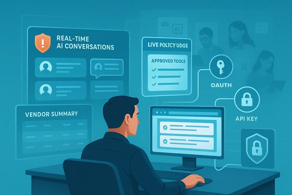 A person sits at a desk, monitoring real-time AI conversations and secure API tools on a digital dashboard.