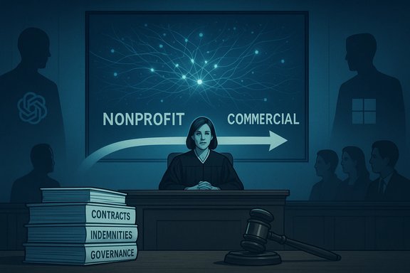 Judge presides over nonprofit vs. commercial case, flanked by contracts and governance volumes. Judge presides over nonprofit vs. commercial case, flanked by contracts and governance volumes.