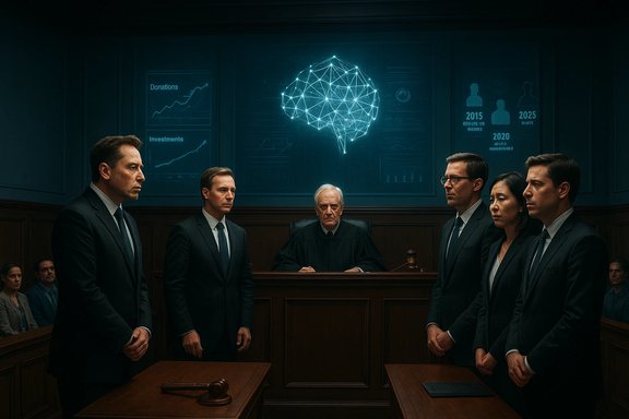 A futuristic courtroom with a judge presiding as suited lawyers stand before a glowing neural-network display.