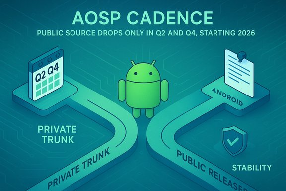 AOSP cadence: private trunk vs public Android releases, with public drops in Q2 and Q4 starting 2026.