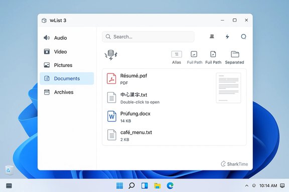 Windows-like file explorer (wList 3) showing Documents with Résumé.pdf, Prüfung.docx, and café_menu.txt.