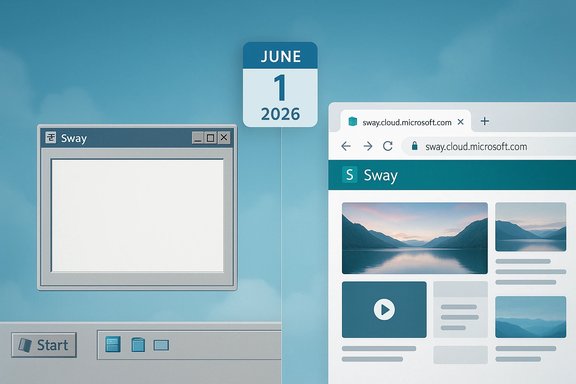 Split-screen: retro Windows UI on the left and modern Microsoft Sway on the right.