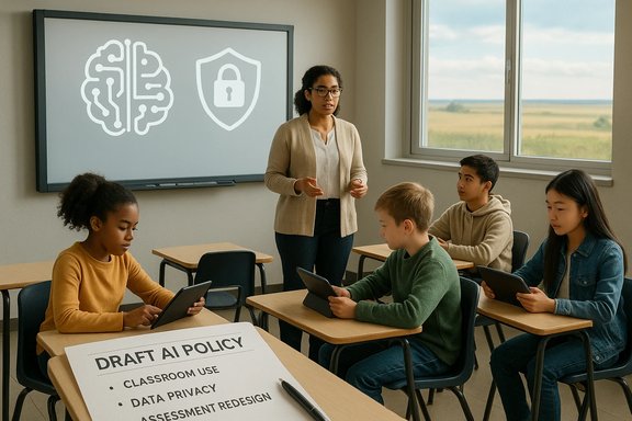 Teacher guides students in a DRAFT AI POLICY lesson as they use tablets.