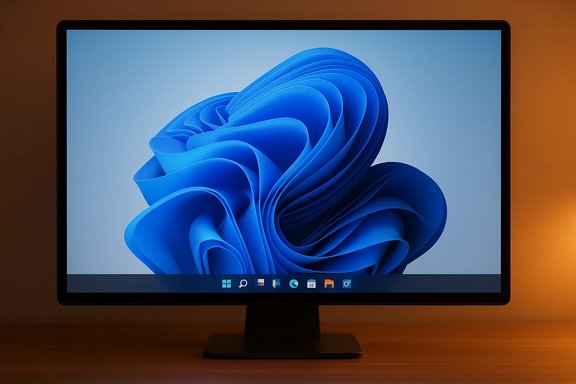 A computer monitor on a wooden desk displays a blue abstract wallpaper with a dark stand and warm backlight.