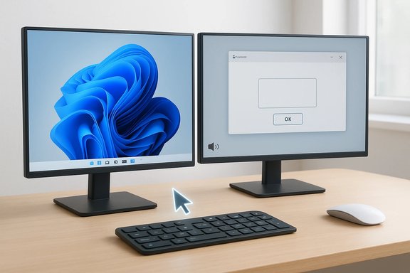 Dual-monitor workstation on a wooden desk, left screen with Windows wallpaper, right displaying an OK dialog.