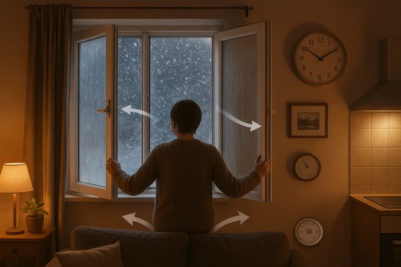A person opens a window in a cozy living room, revealing snowfall outside.