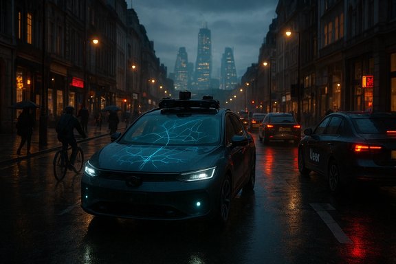 Rainy city night with a futuristic car featuring electric-blue crack patterns on its windshield.