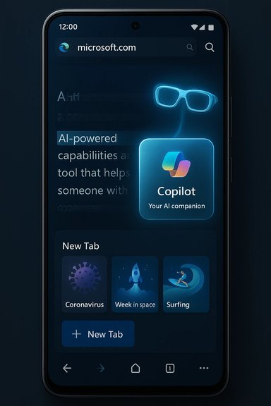 Dark mobile UI showing Copilot AI tile and new tab shortcuts.