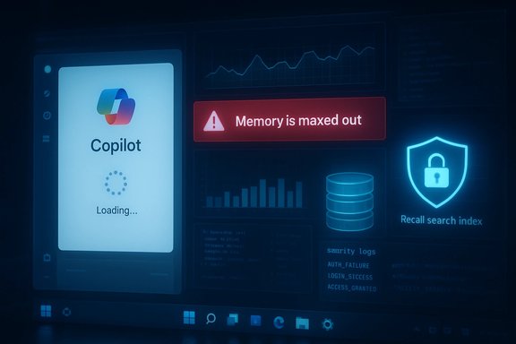 Copilot loading screen beside a “Memory is maxed out” alert on a futuristic dashboard.