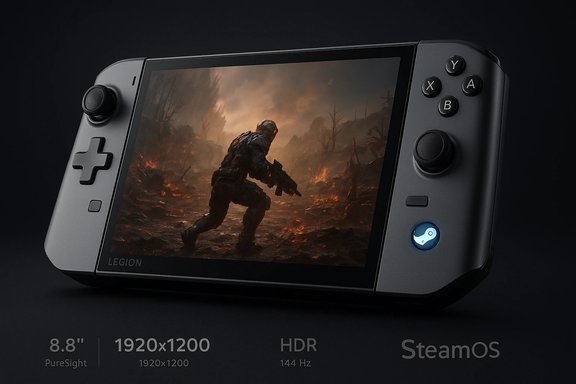 A Legion handheld console displaying a soldier in a fiery battlefield shooter on its screen.