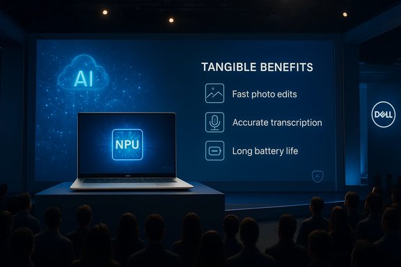 Dell presentation of AI-powered NPU laptop with tangible benefits: fast edits, accurate transcription, long battery.